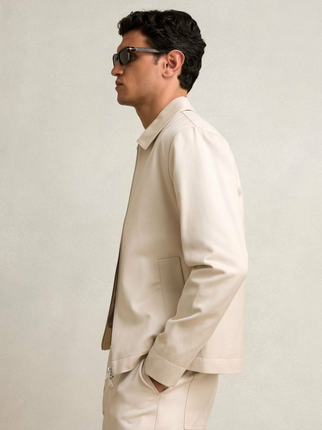 Reiss | Lyocell-Cotton Zip-Through Twill Jacket in Ecru