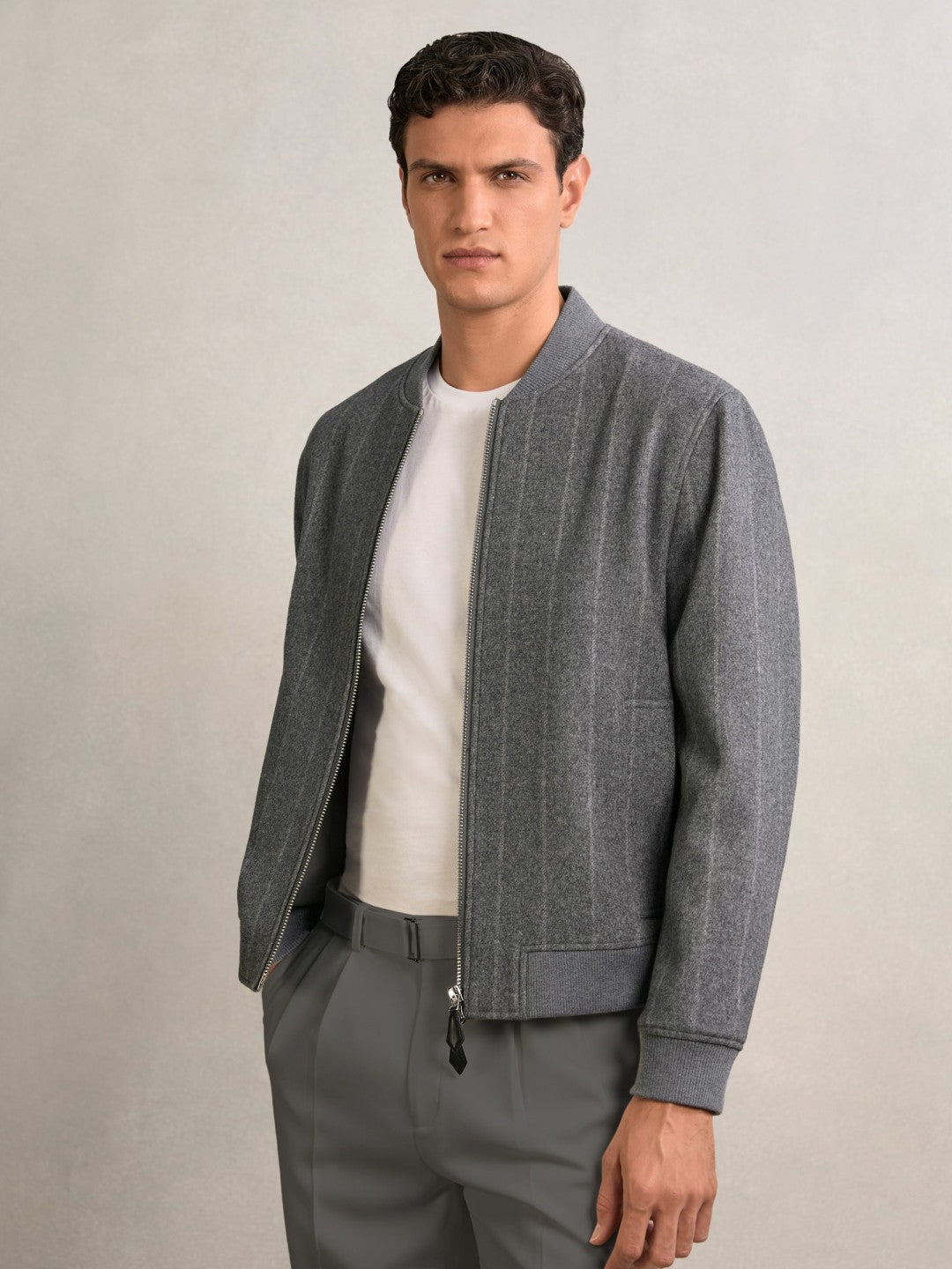 Reiss | Wool-Blend Chalk-Stripe Bomber Jacket in Grey