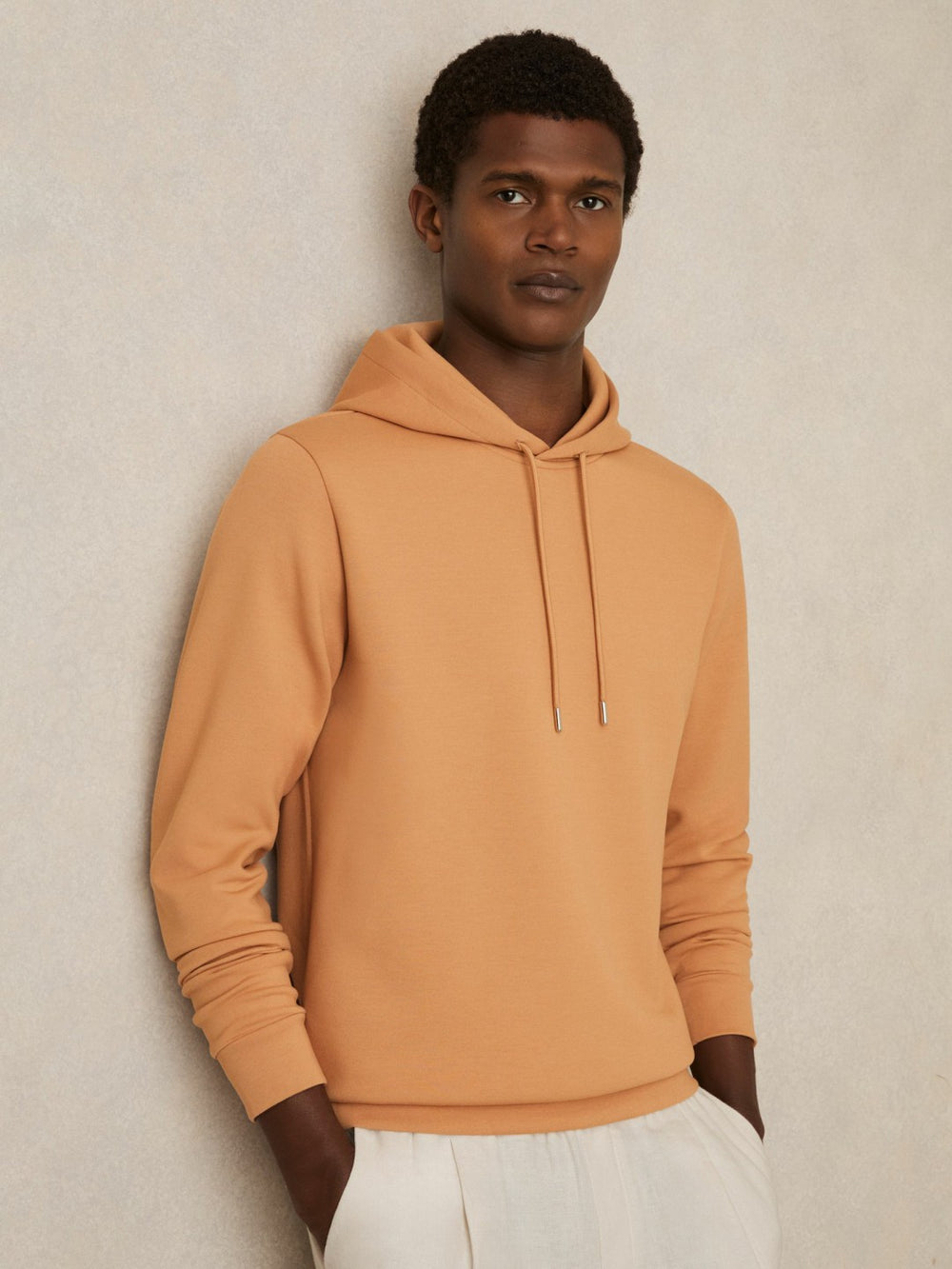 Reiss | Interlock Jersey Drawstring Hoodie in Light Camel Brown