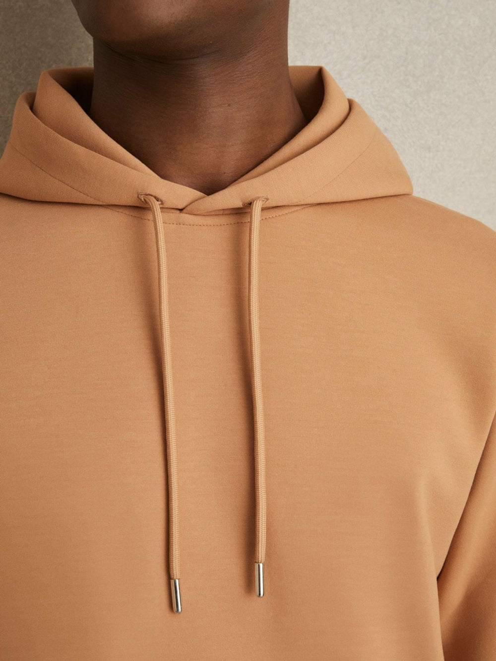 Reiss | Interlock Jersey Drawstring Hoodie in Light Camel Brown
