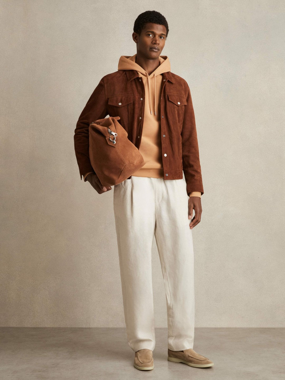 Reiss | Interlock Jersey Drawstring Hoodie in Light Camel Brown