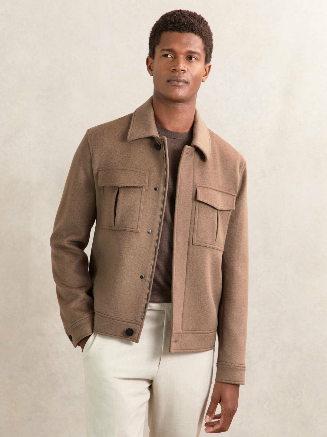 Reiss | Wool Blend Twin Pocket Zipped Jacket in Dark Brown