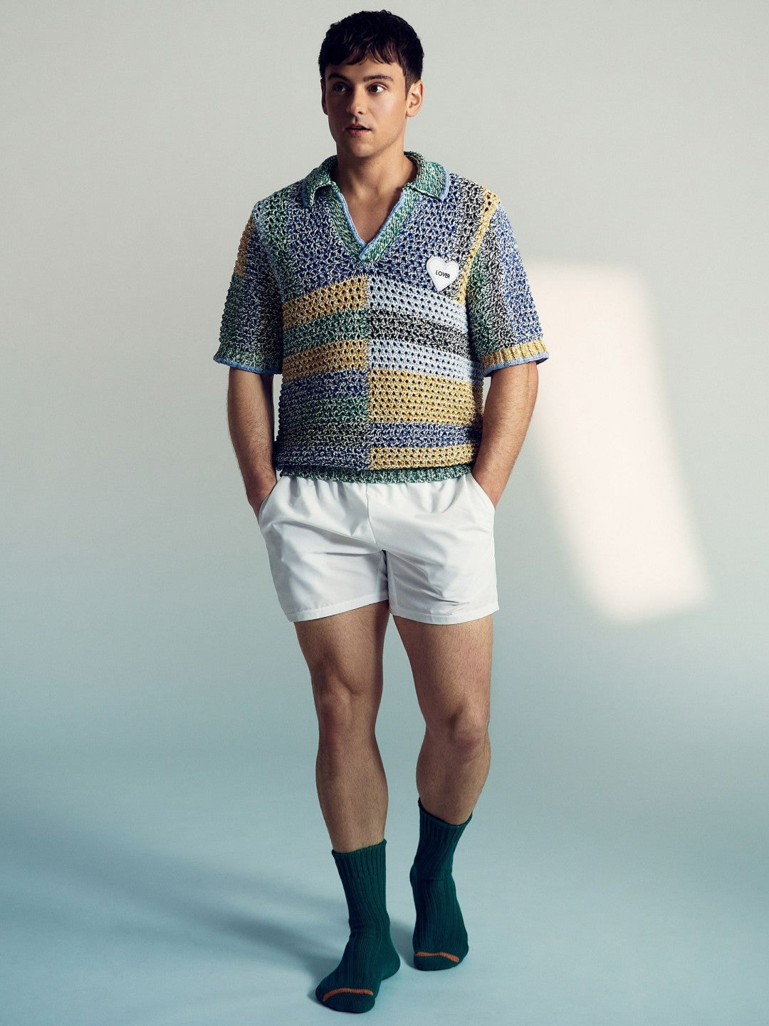 Reiss | | Tom Daley Crochet Polo Shirt in Yellow/Green/Blue Multi