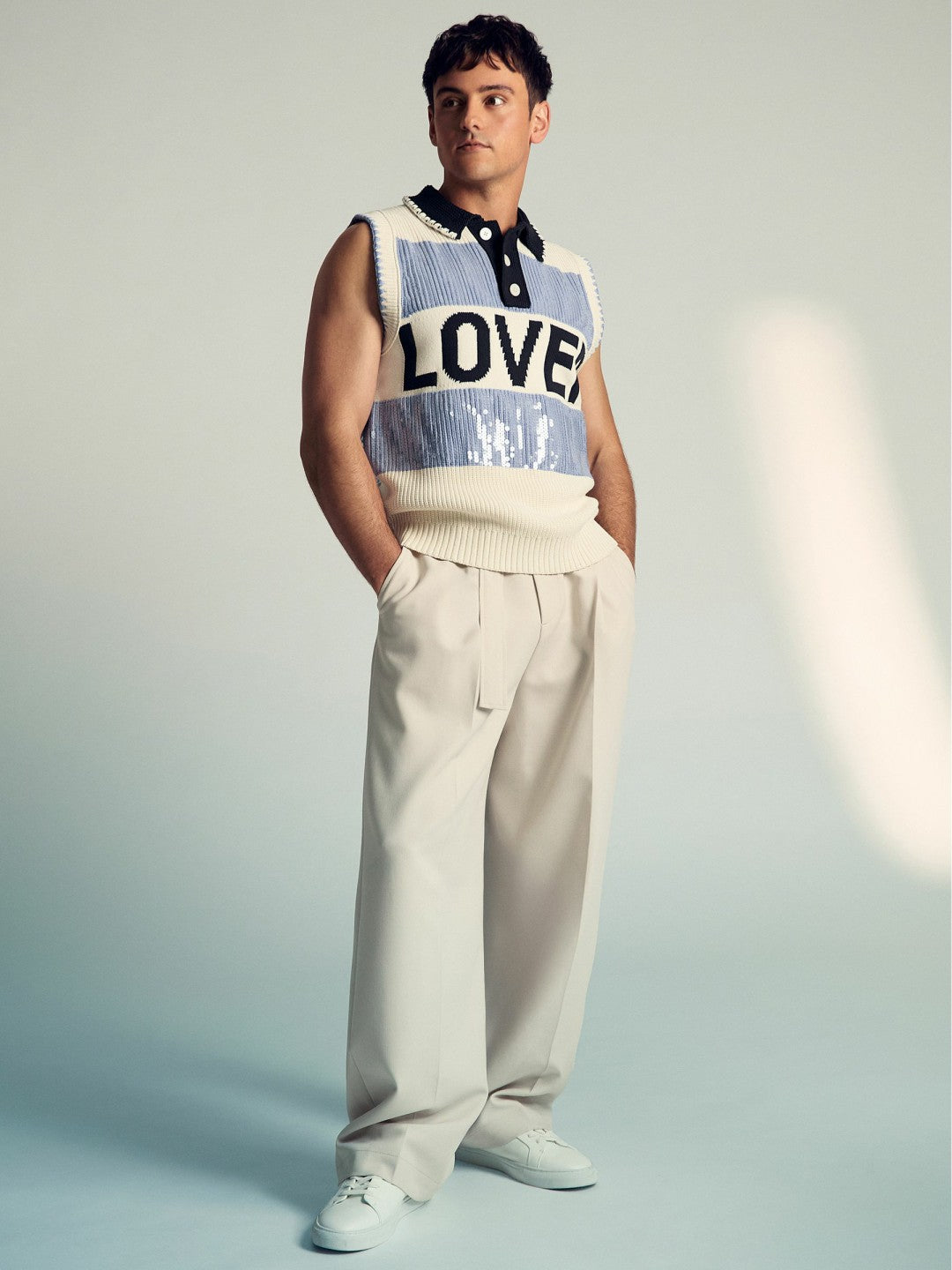 Reiss | | Tom Daley Stripe Polo Vest in Soft Blue