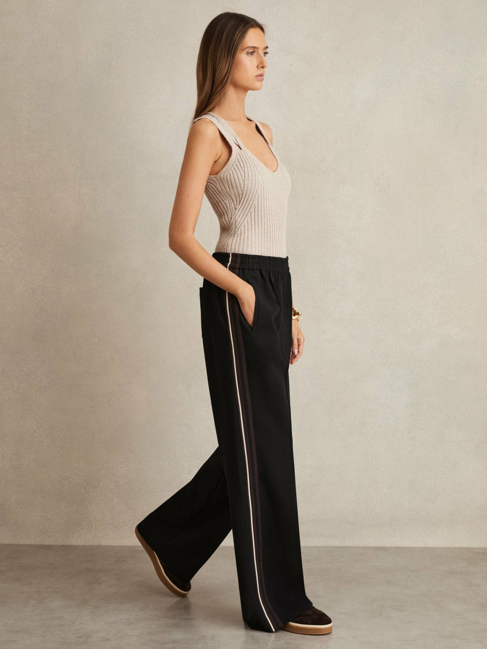 Reiss | Side-Stripe Wide-Leg Trousers in Black