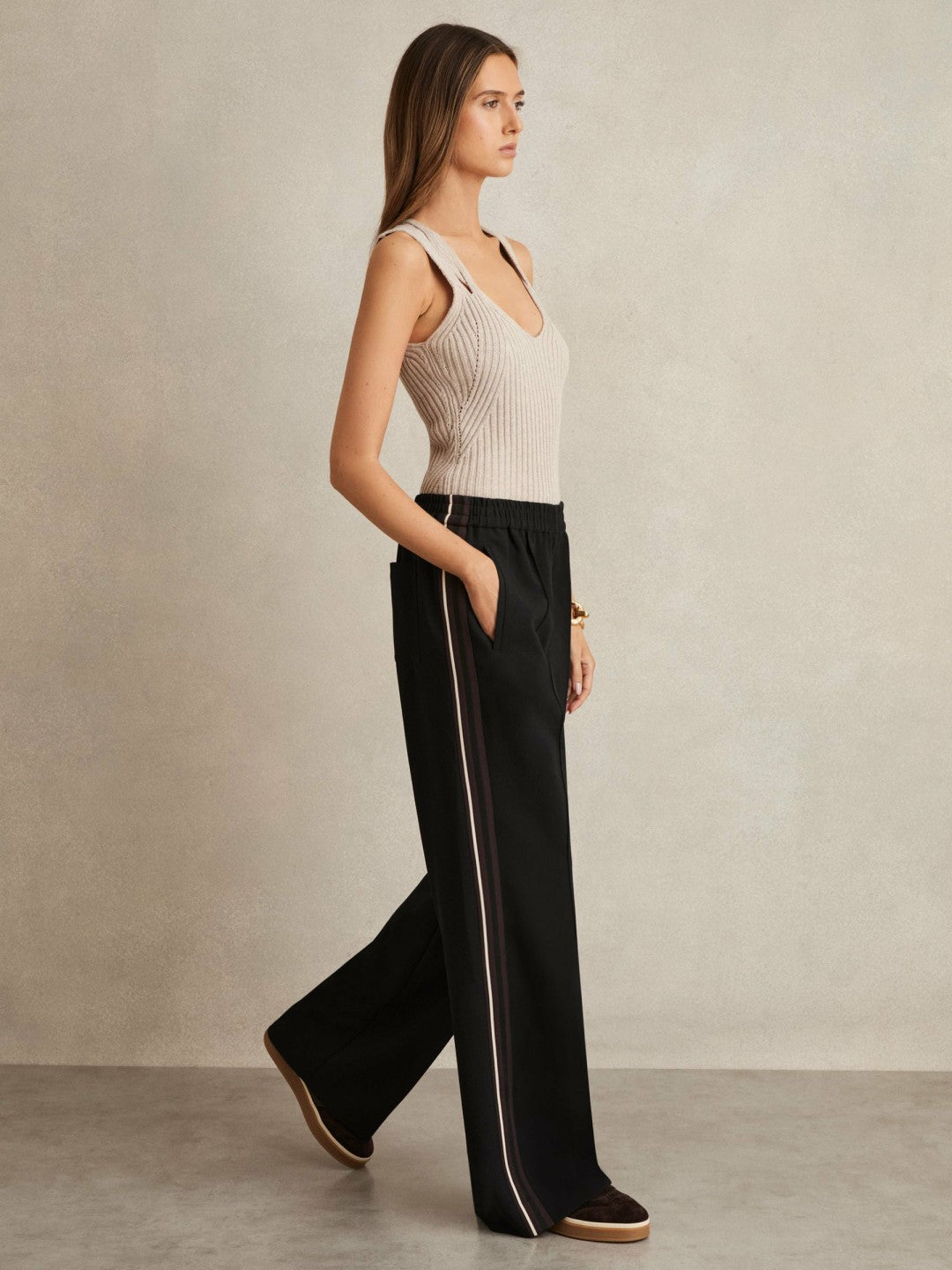 Reiss | Side-Stripe Wide-Leg Trousers in Black