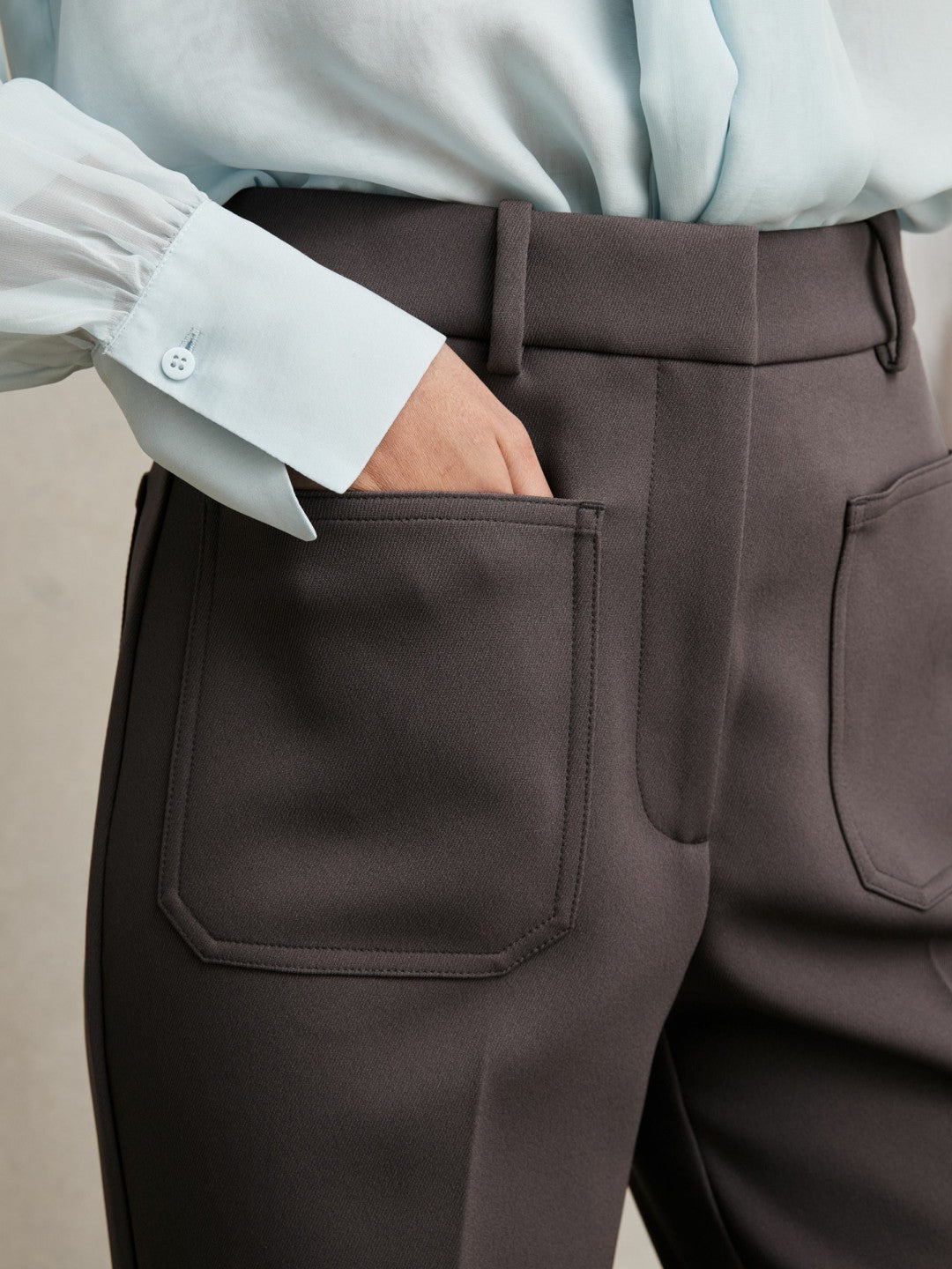 Reiss | Petite Twill Patch-Pocket Flared Trousers in Mauve Neutral