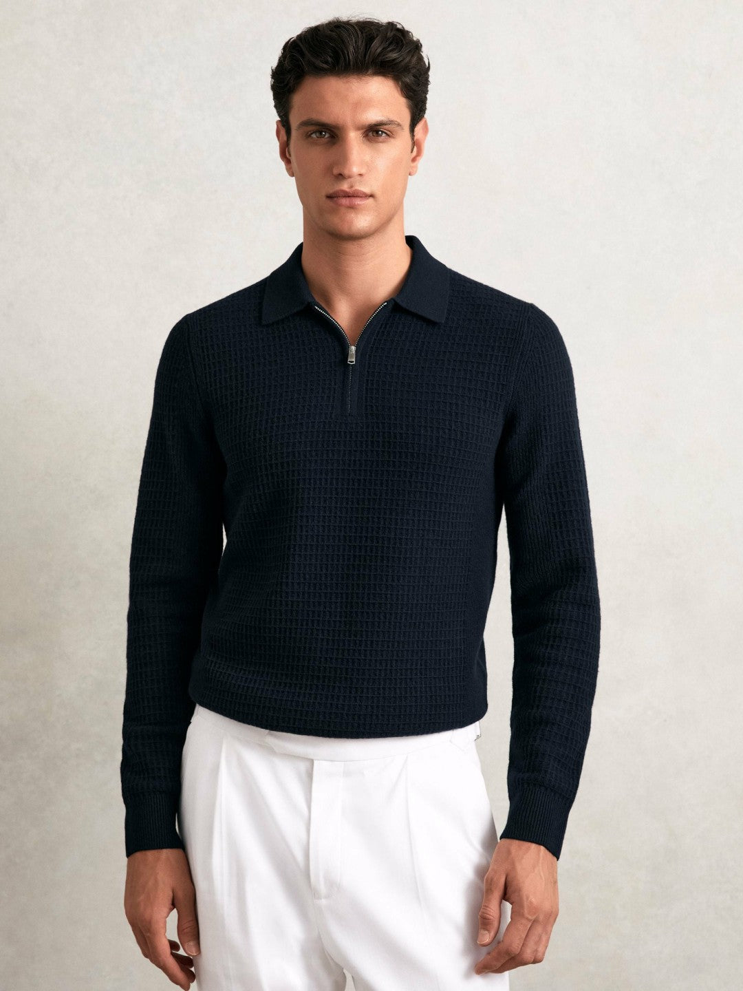 Reiss | Wool Waffle-Knit Half-Zip Polo Shirt in Navy