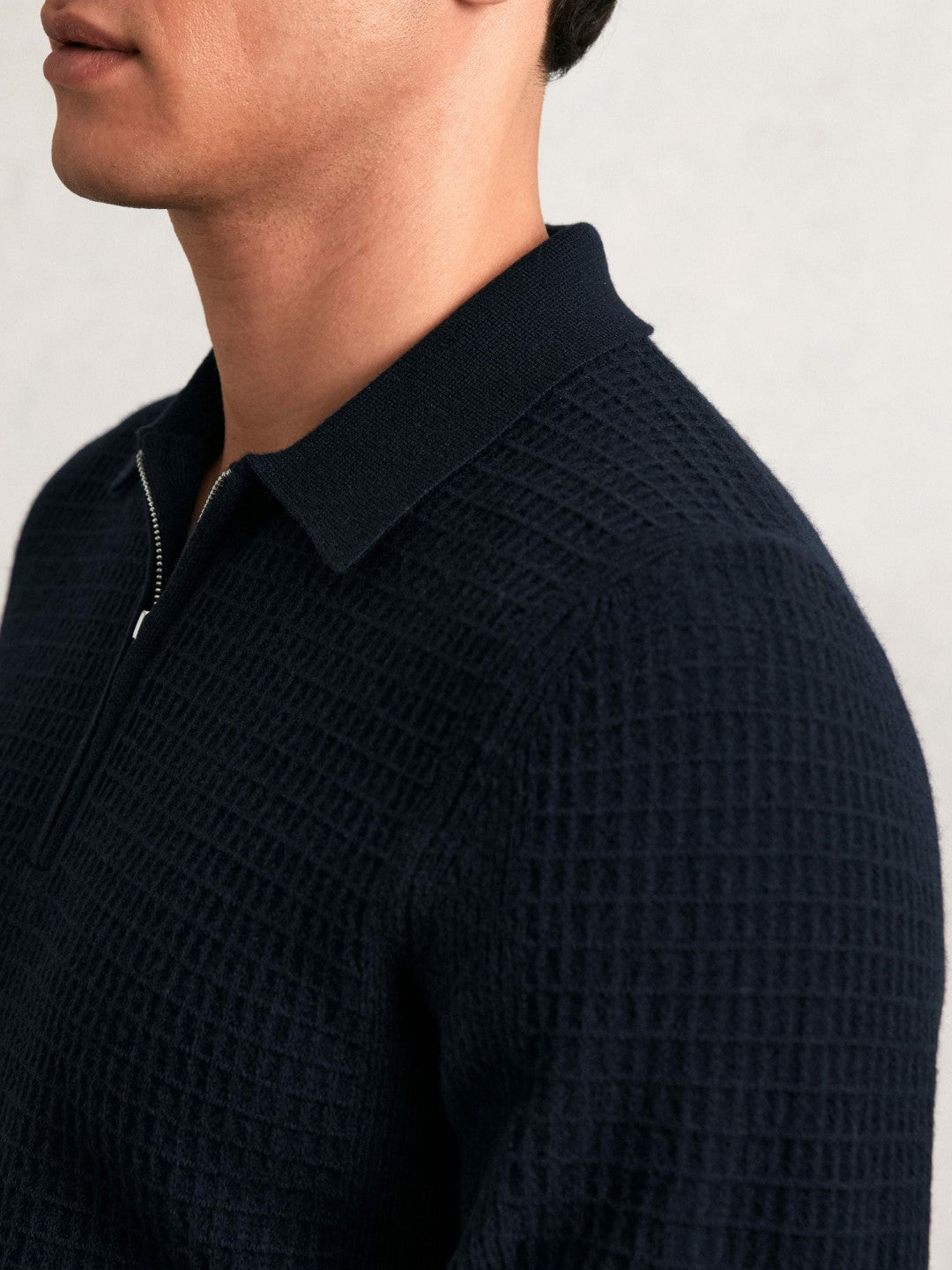 Reiss | Wool Waffle-Knit Half-Zip Polo Shirt in Navy