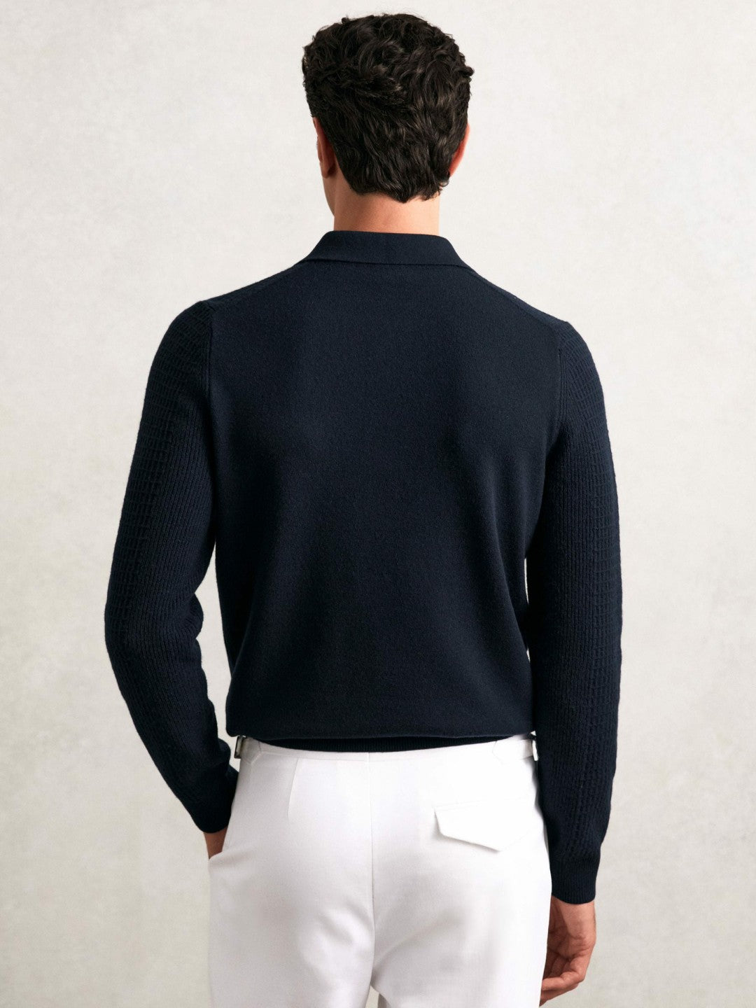 Reiss | Wool Waffle-Knit Half-Zip Polo Shirt in Navy
