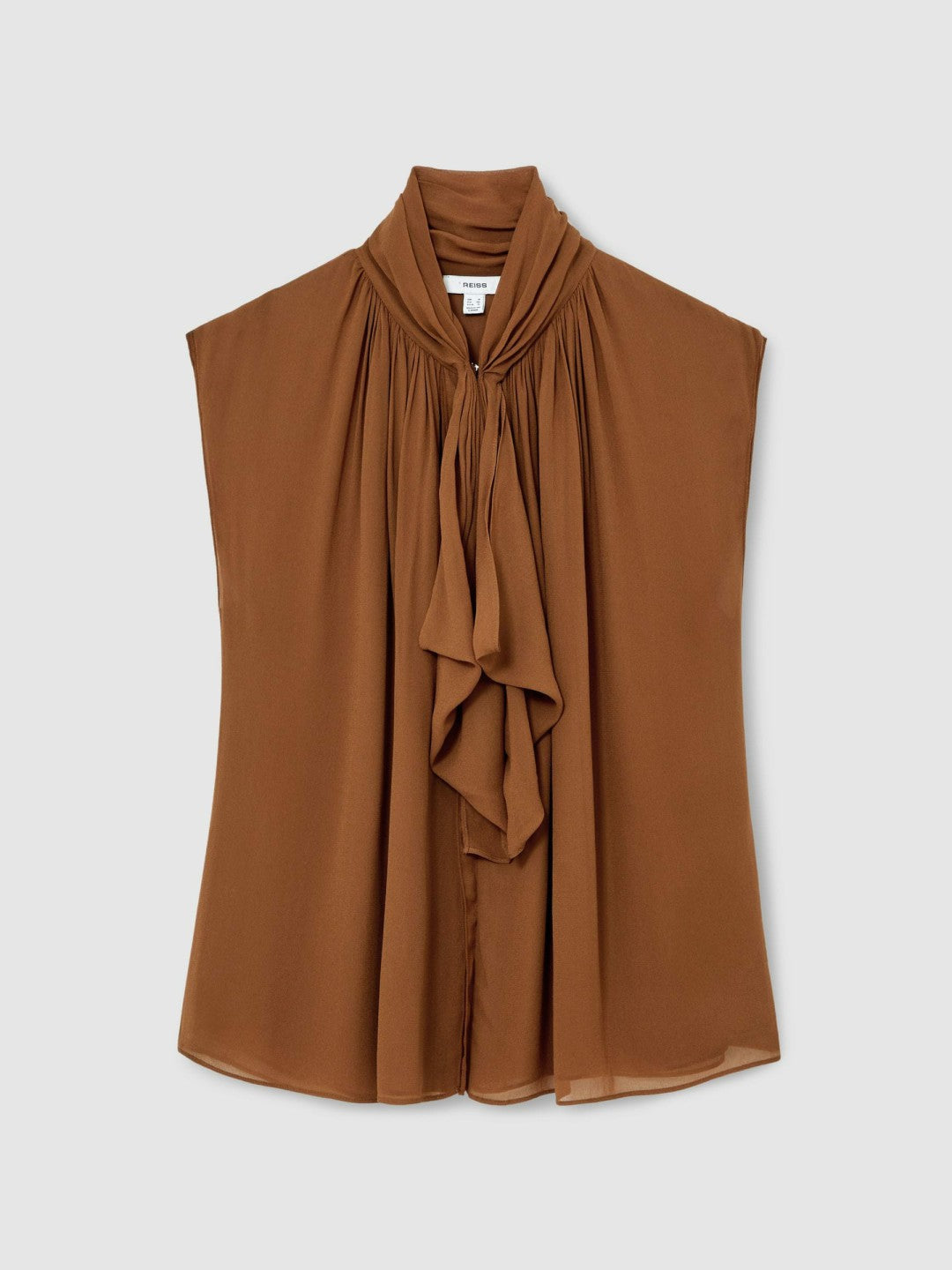 Reiss | Crepe-Chiffon Ruffle Sleeveless Top in Tan Brown