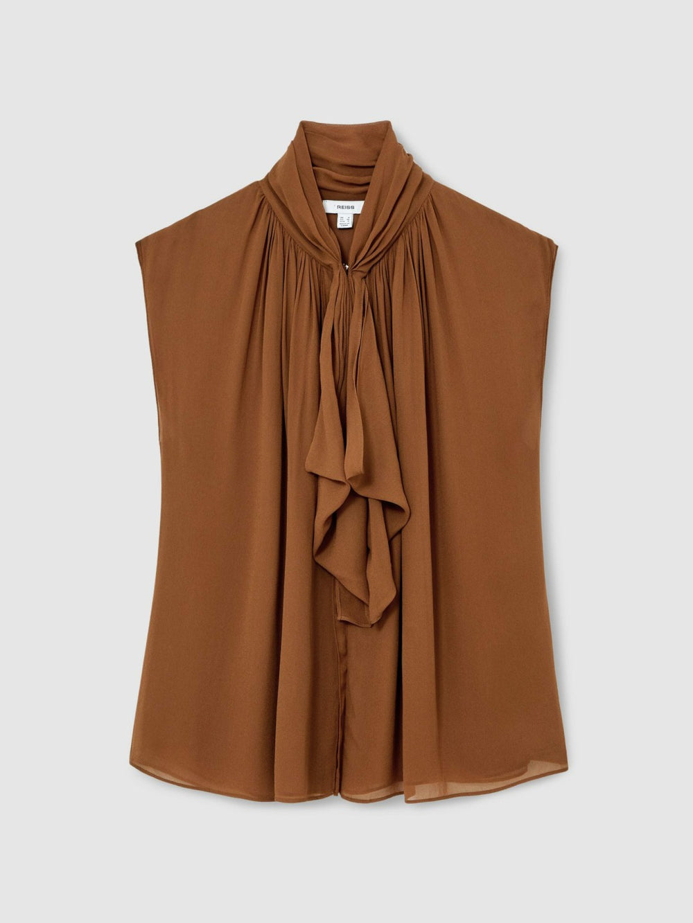 Reiss | Crepe-Chiffon Ruffle Sleeveless Top in Tan Brown