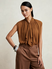 Reiss | Crepe-Chiffon Ruffle Sleeveless Top in Tan Brown