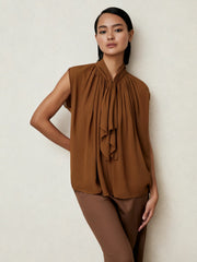 Reiss | Crepe-Chiffon Ruffle Sleeveless Top in Tan Brown