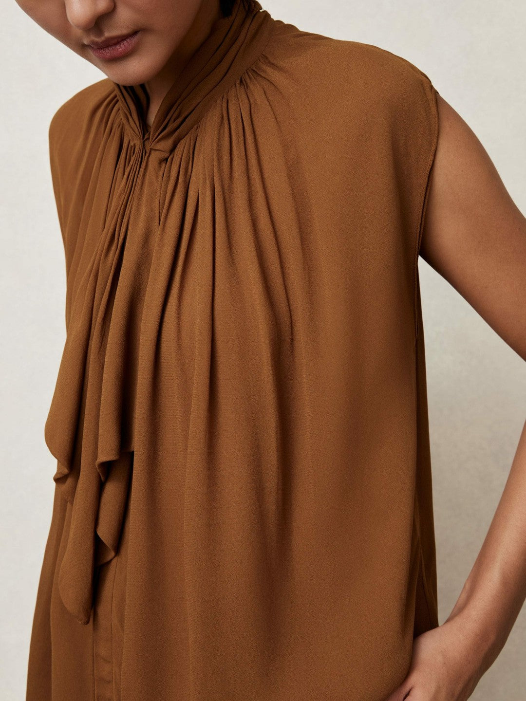 Reiss | Crepe-Chiffon Ruffle Sleeveless Top in Tan Brown