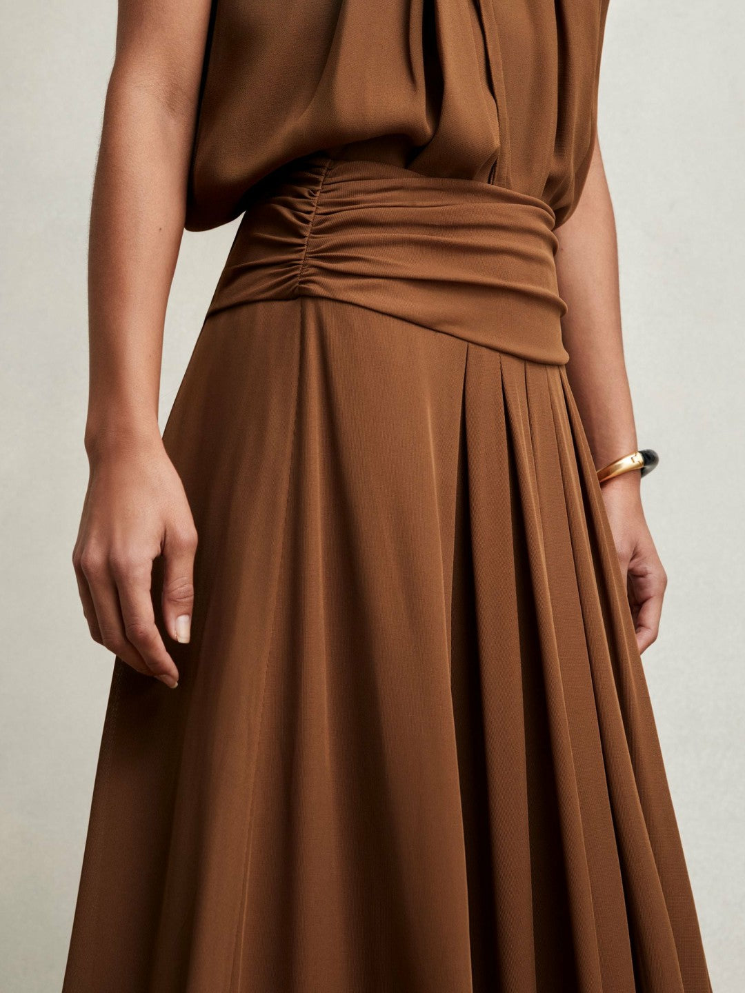 Reiss | Jersey Ruched-Waist Maxi Skirt in Tan Brown