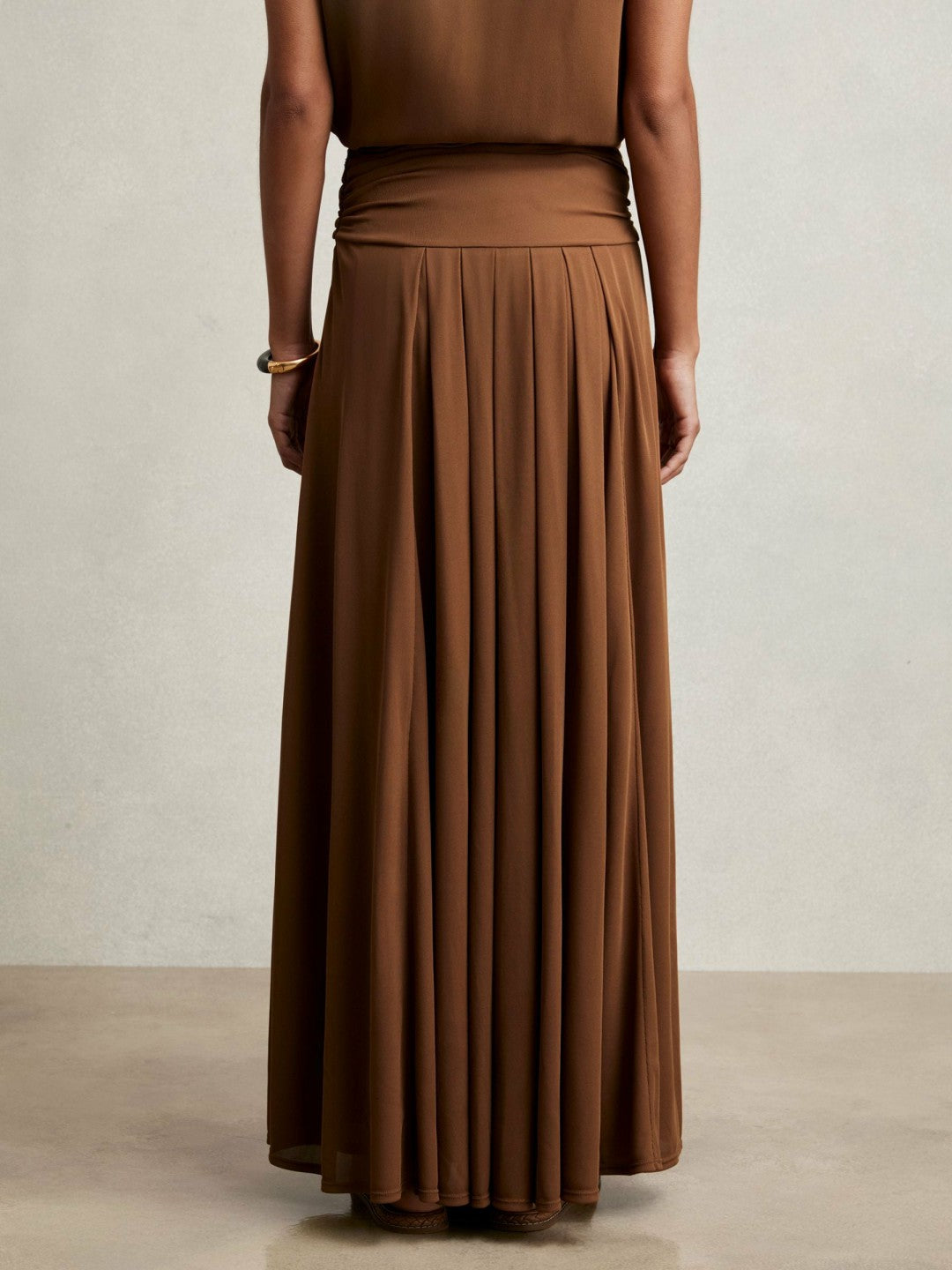 Reiss | Jersey Ruched-Waist Maxi Skirt in Tan Brown