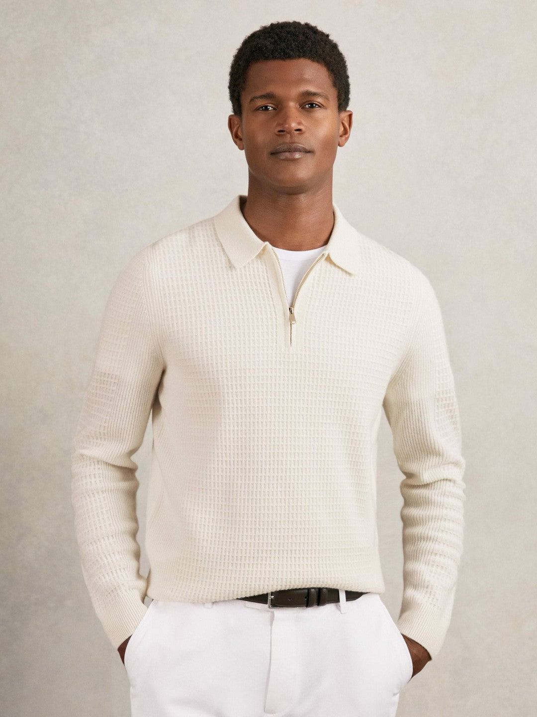 Reiss | Wool Waffle-Knit Half-Zip Polo Shirt in Off White