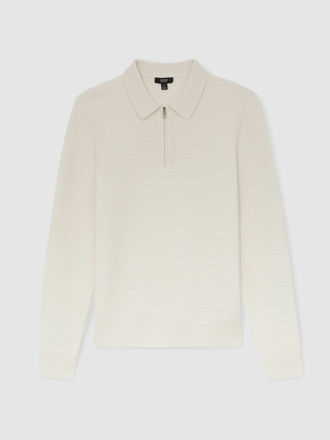 Reiss | Wool Waffle-Knit Half-Zip Polo Shirt in Off White