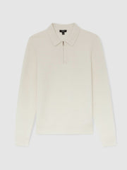 Reiss | Wool Waffle-Knit Half-Zip Polo Shirt in Off White