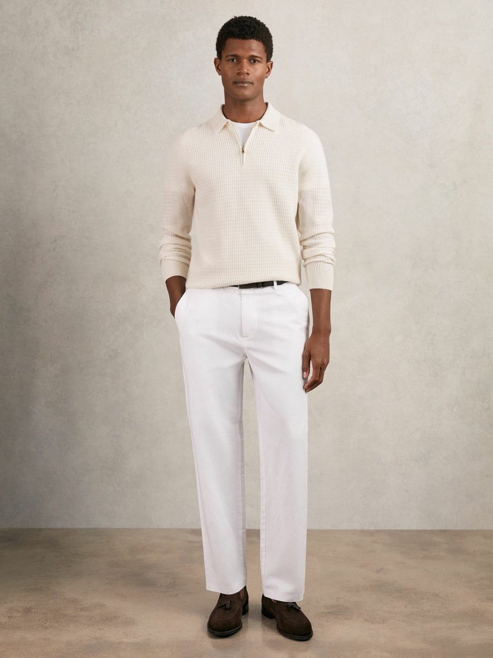 Reiss | Wool Waffle-Knit Half-Zip Polo Shirt in Off White