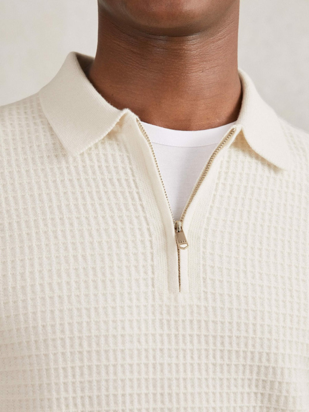 Reiss | Wool Waffle-Knit Half-Zip Polo Shirt in Off White