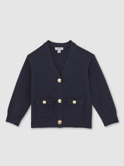 Reiss | 13-14 yrs Knitted Embossed-Button Cardigan in Navy