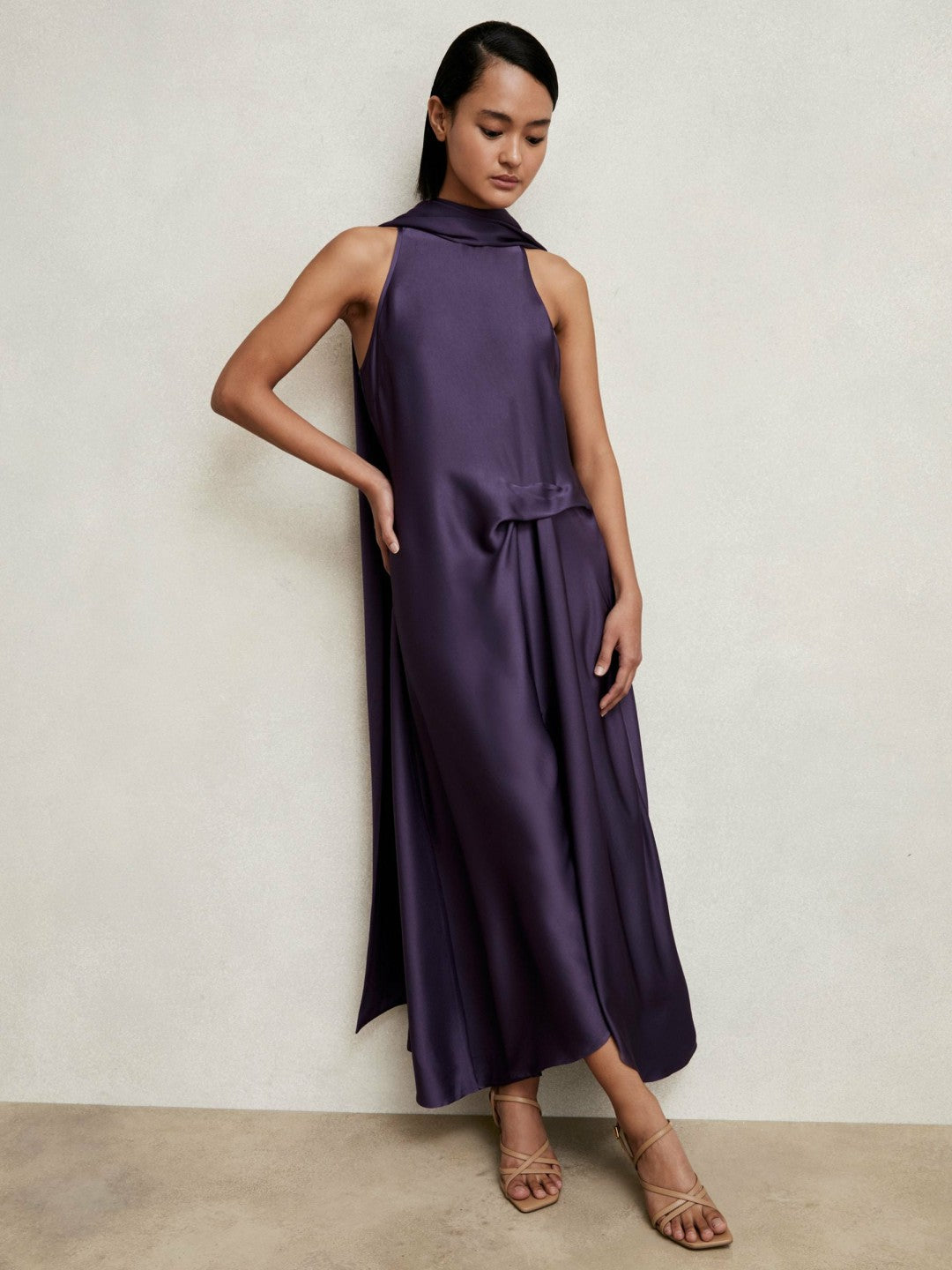Reiss | Petite Satin Tuck-Detail Cape Midi Dress in Purple