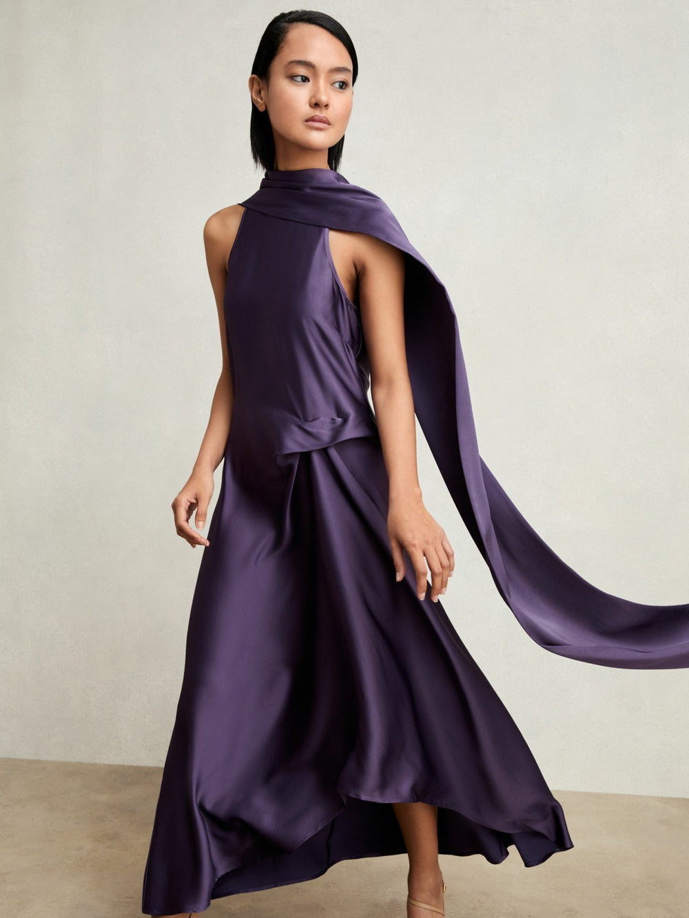 Reiss | Petite Satin Tuck-Detail Cape Midi Dress in Purple