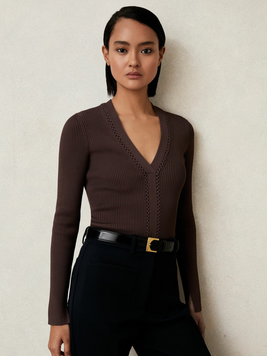Reiss | Craft-Stitch Rib-Knit Top in Mocha Brown