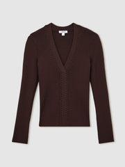 Reiss | Craft-Stitch Rib-Knit Top in Mocha Brown
