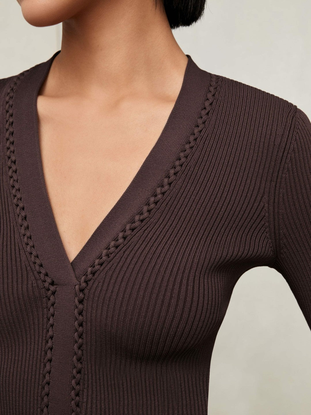 Reiss | Craft-Stitch Rib-Knit Top in Mocha Brown