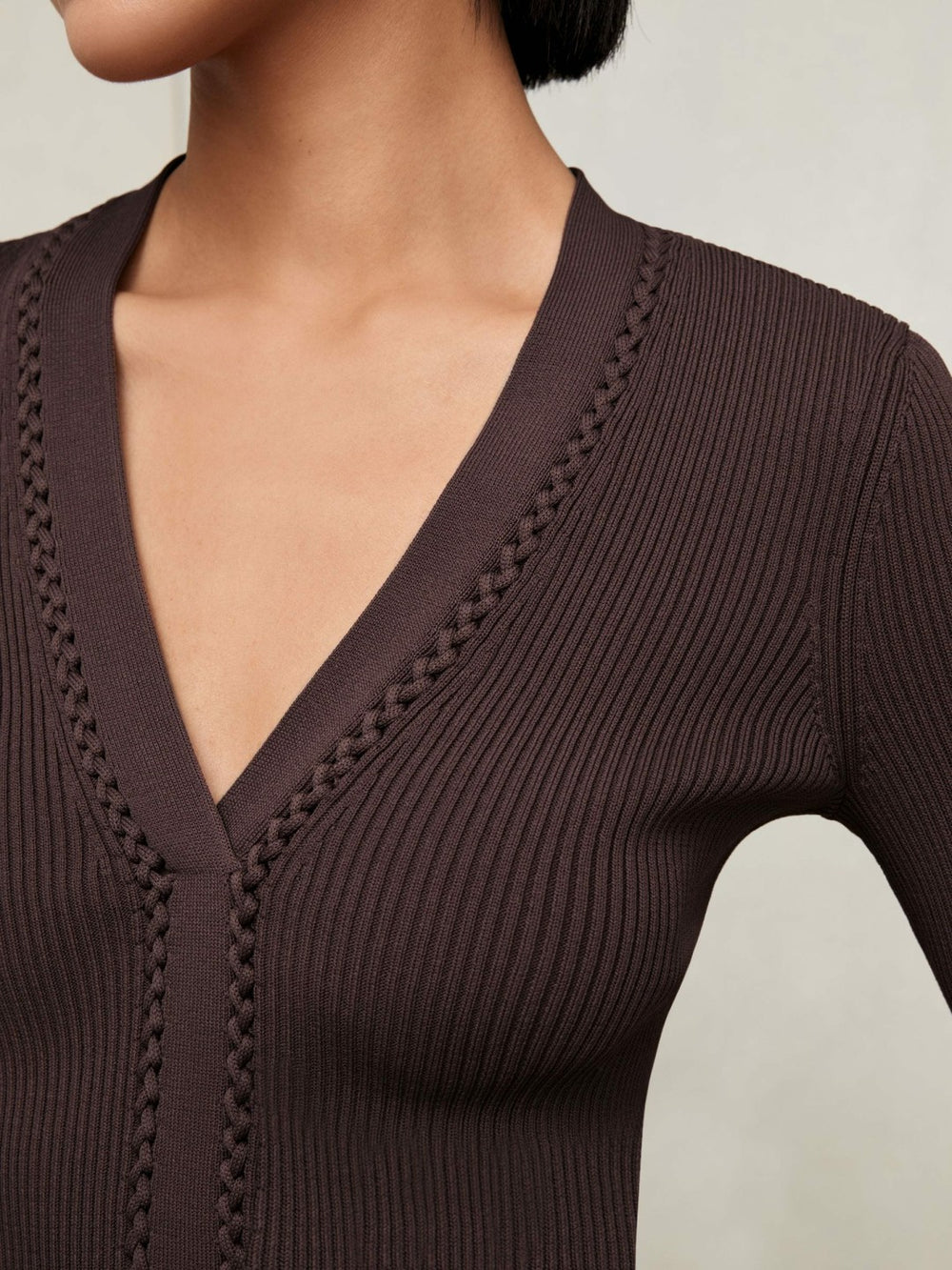 Reiss | Craft-Stitch Rib-Knit Top in Mocha Brown