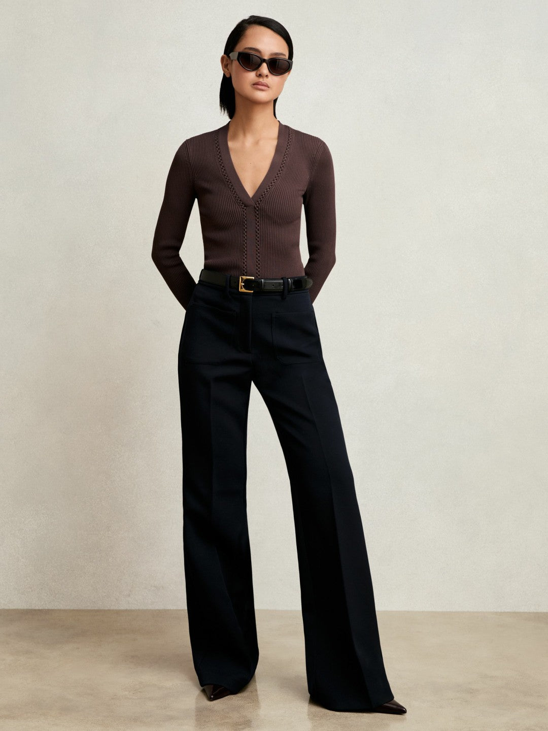 Reiss | Craft-Stitch Rib-Knit Top in Mocha Brown