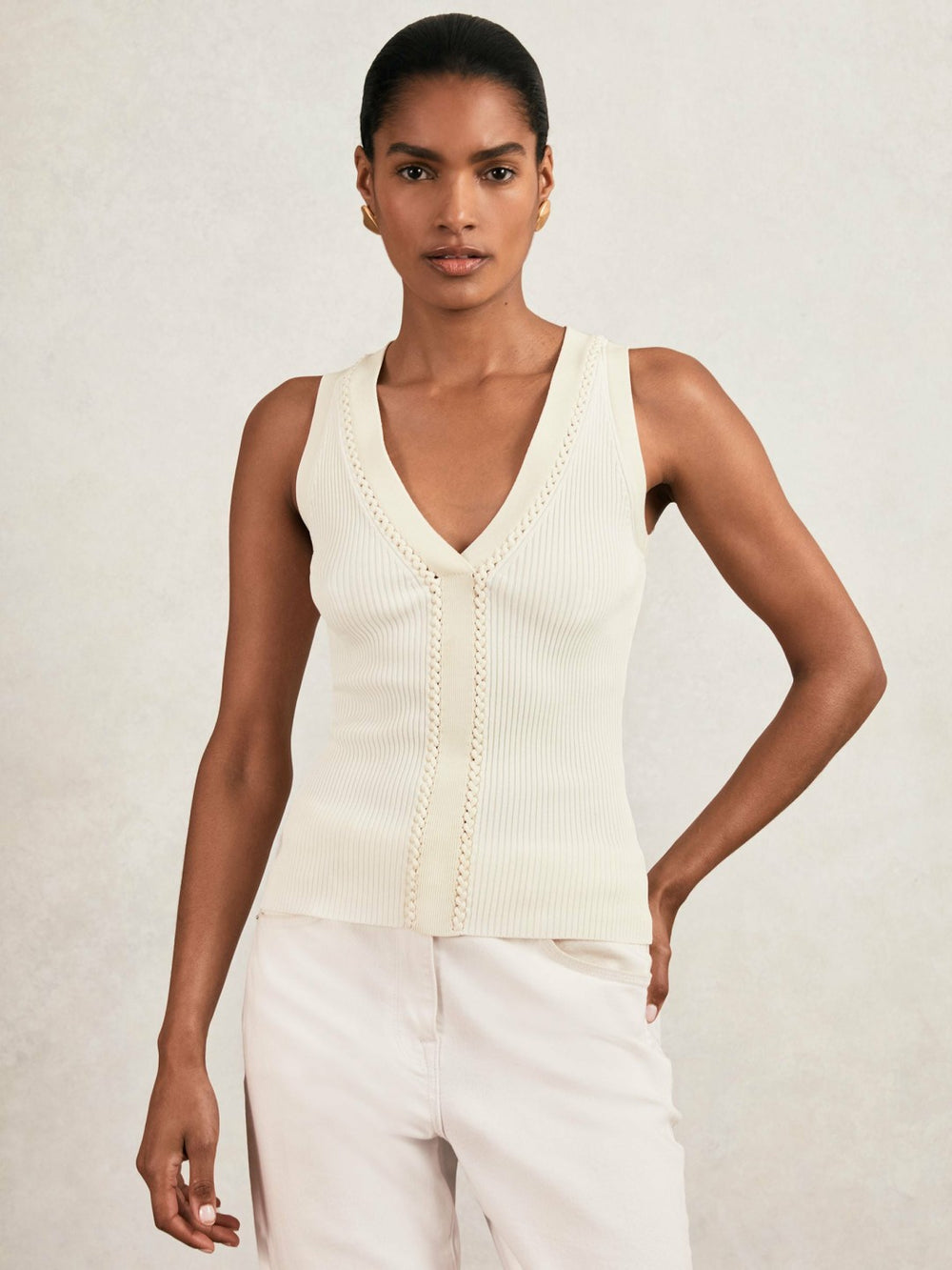 Reiss | Craft-Stitch Rib-Knit Vest in Ivory/Ecru