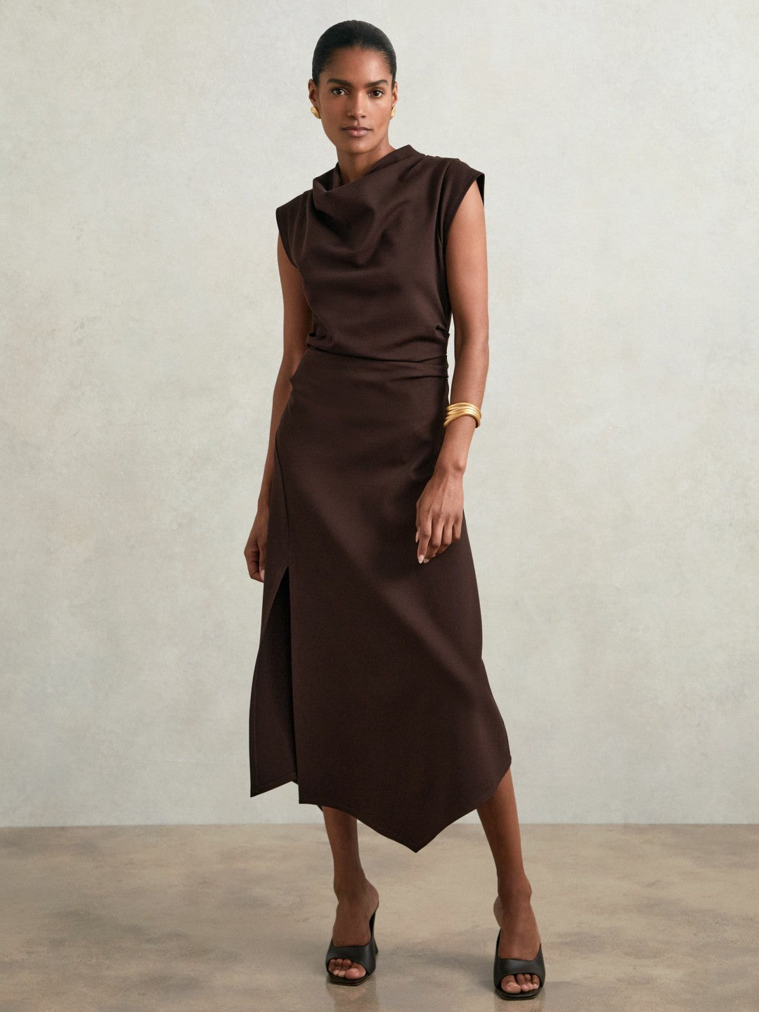 Reiss | Twill-Jersey Draped Midi Dress in Burgundy