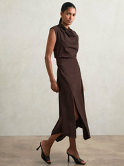 Reiss | Twill-Jersey Draped Midi Dress in Burgundy