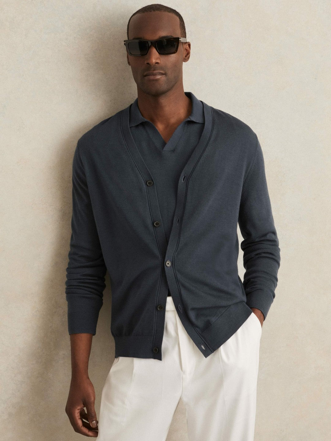 Reiss | Merino Wool Button-Through Cardigan in Midnight Navy