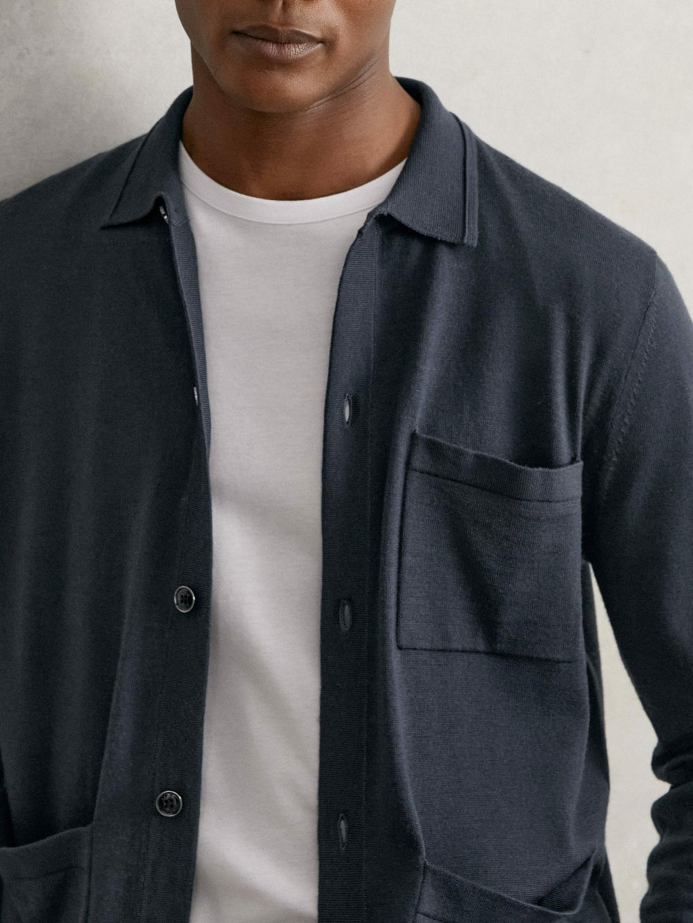 Reiss | Merino Wool Button-Through Shirt in Midnight Navy