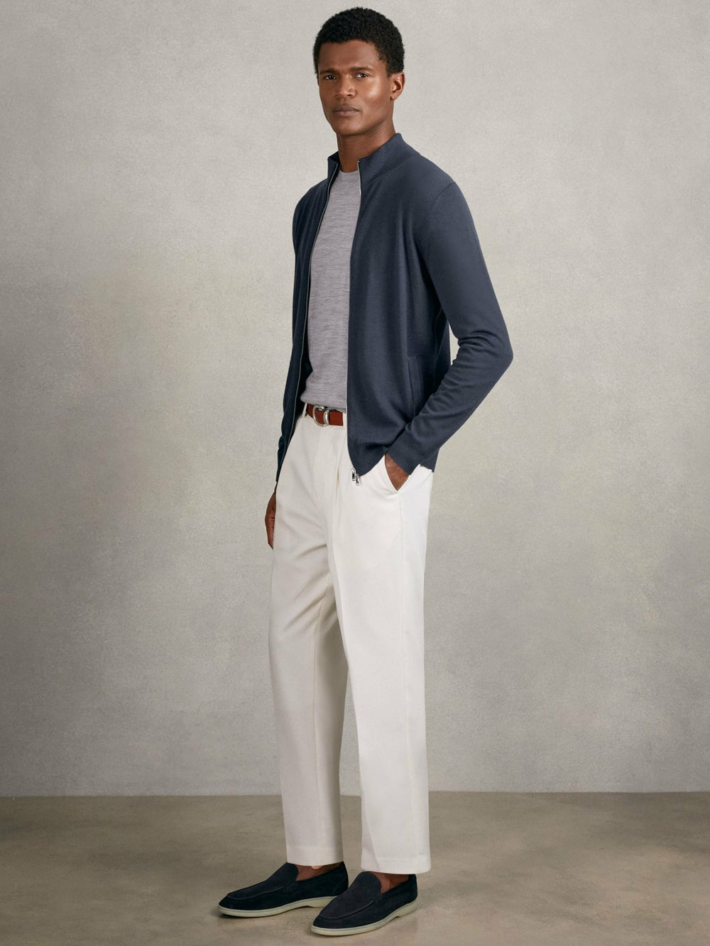Reiss | Merino Wool Zip Through Cardigan in Midnight Navy
