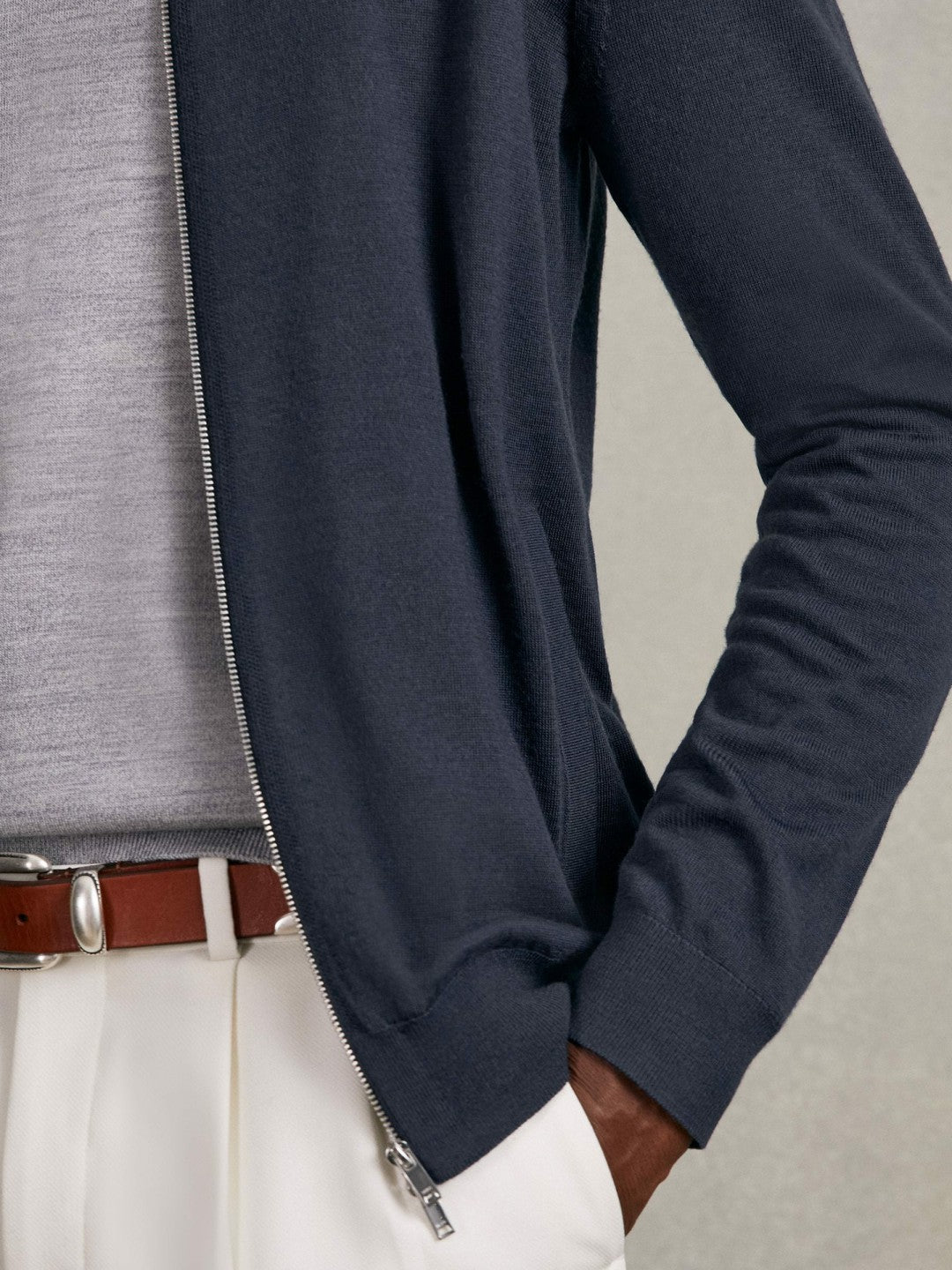 Reiss | Merino Wool Zip Through Cardigan in Midnight Navy