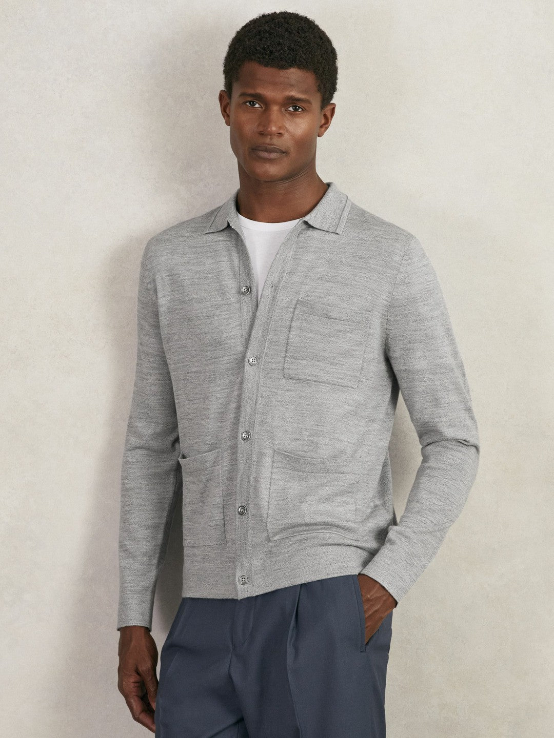 Reiss | Merino Wool Button-Through Shirt in Soft Grey Mouline