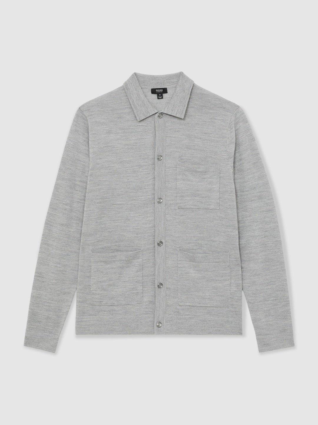 Reiss | Merino Wool Button-Through Shirt in Soft Grey Mouline