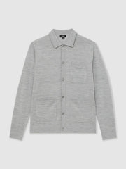 Reiss | Merino Wool Button-Through Shirt in Soft Grey Mouline