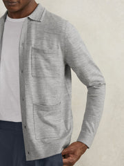 Reiss | Merino Wool Button-Through Shirt in Soft Grey Mouline
