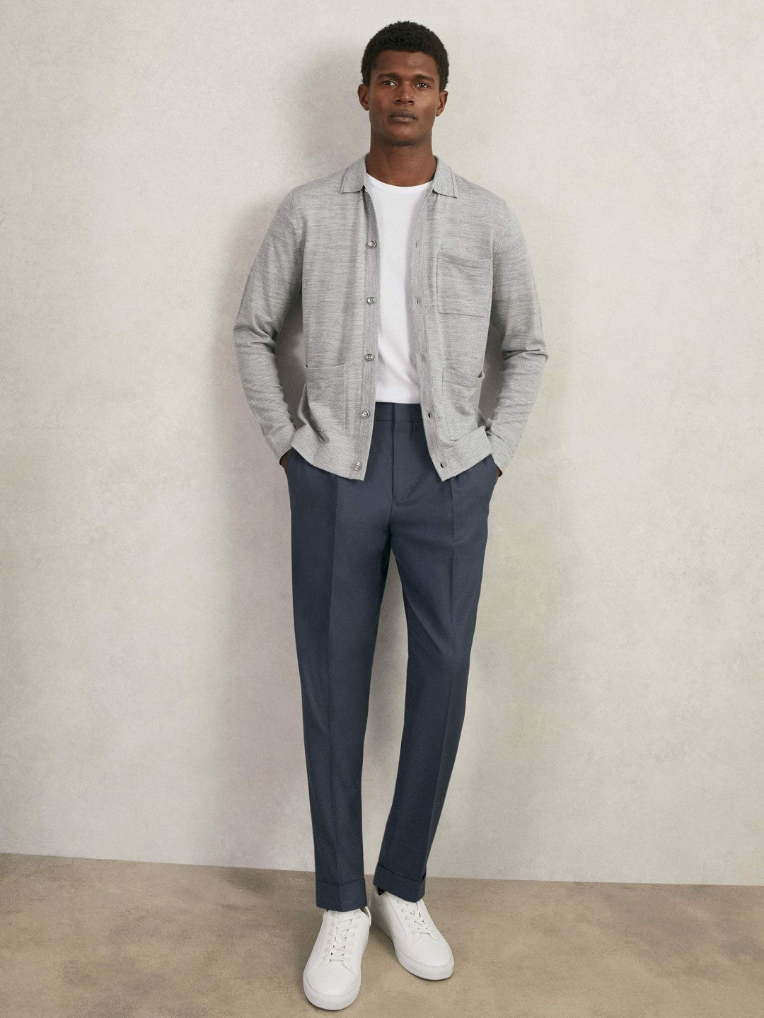 Reiss | Merino Wool Button-Through Shirt in Soft Grey Mouline