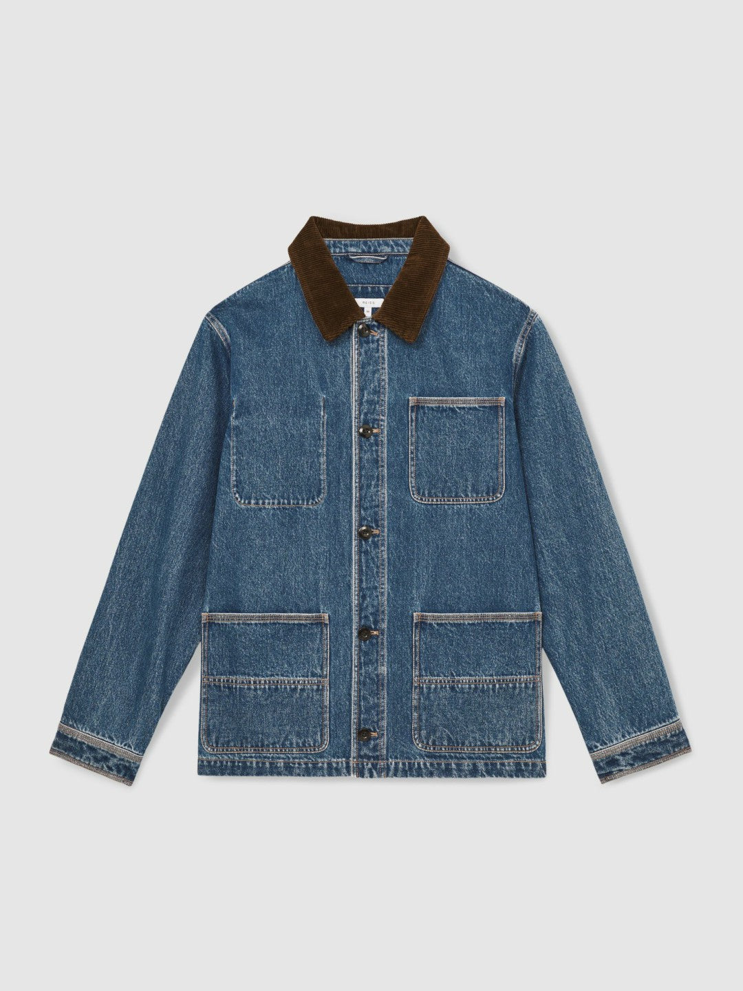 Reiss | Corduroy Collar Denim Worker Jacket in Denim Blue