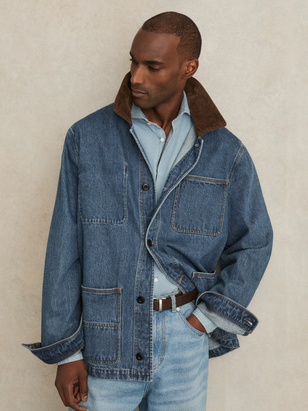 Reiss | Corduroy Collar Denim Worker Jacket in Denim Blue