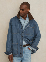Reiss | Corduroy Collar Denim Worker Jacket in Denim Blue