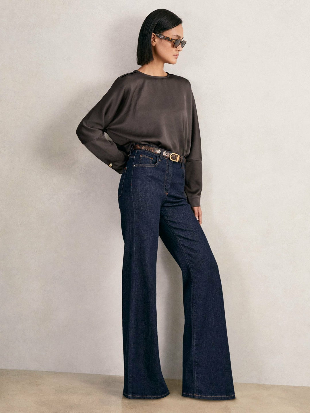 Reiss | Satin Button-Back Long-Sleeve Top in Mauve